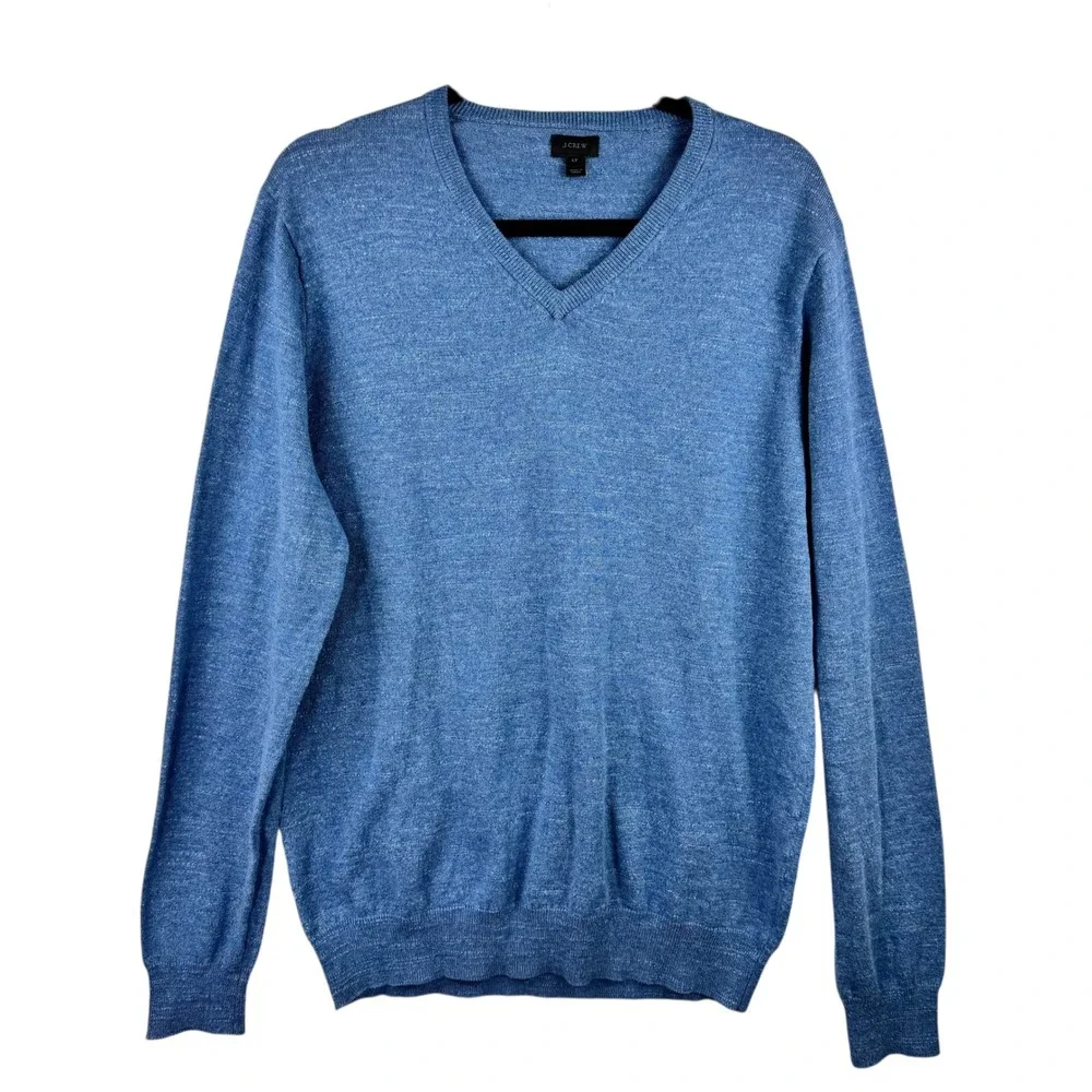 J Crew Sweater Men Size Large Tall Blue Heathered‎ V-Neck Long Sleeve Cotton